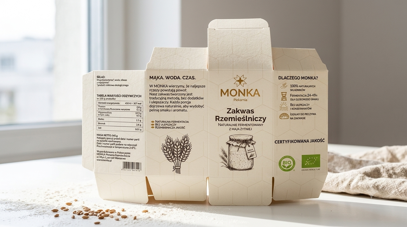 Koncepcyjny projekt opakowania naturalnego zakwasu rzemieślniczego MONKA z ilustracjami zboża i słoika.