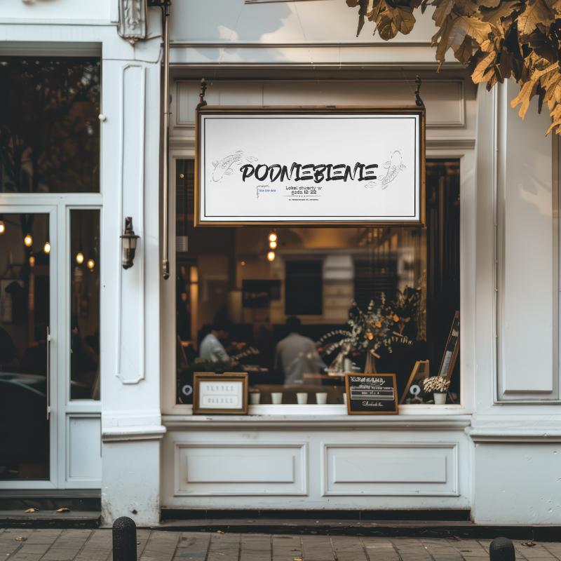 Projekt szyldu restauracji Podniebienie umieszczonego nad witryną i wejściem do lokalu.