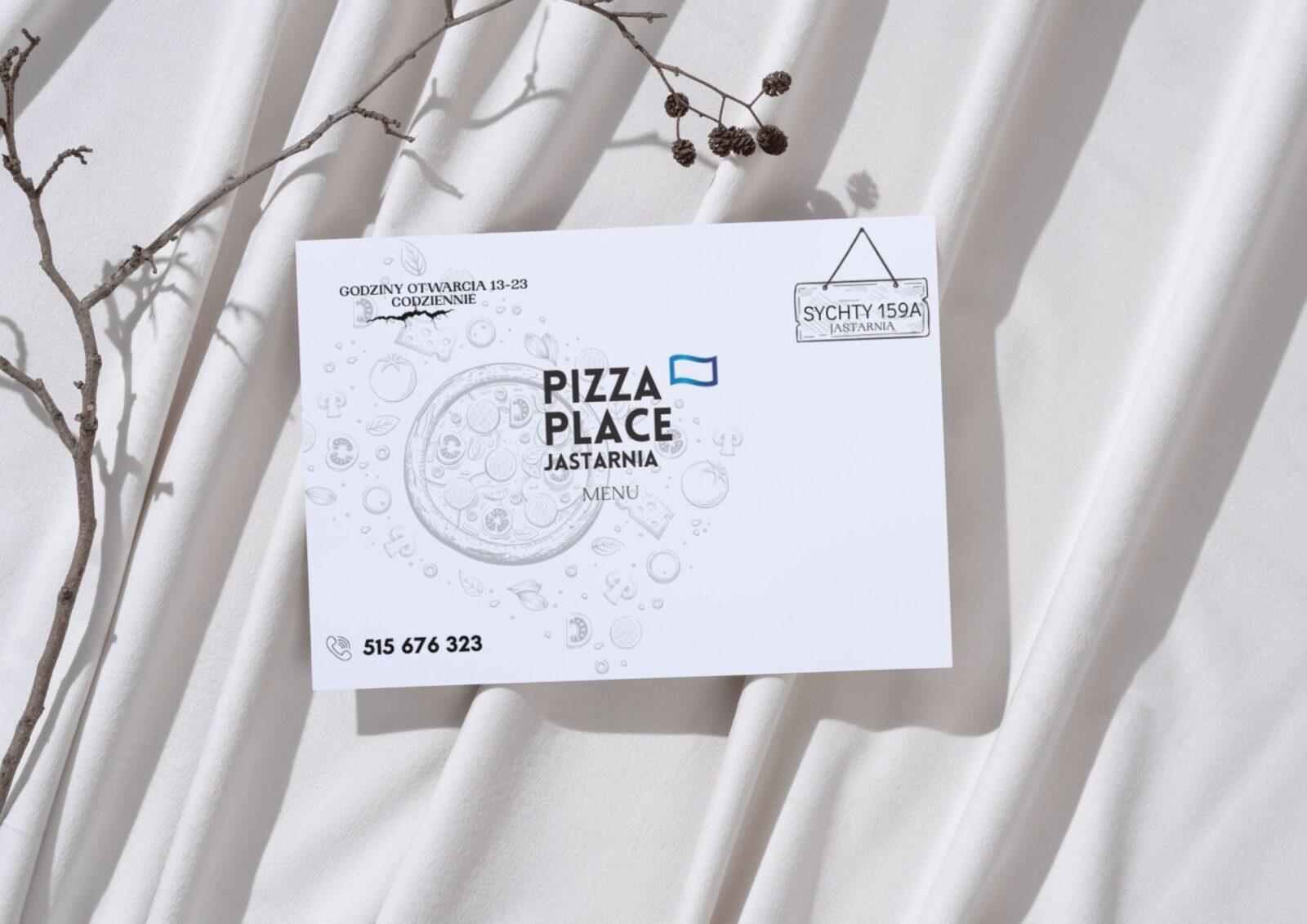Projekt materiału promocyjnego dla pizzerii Pizza Place z minimalistycznym logo i subtelnymi ilustracjami pizzy.