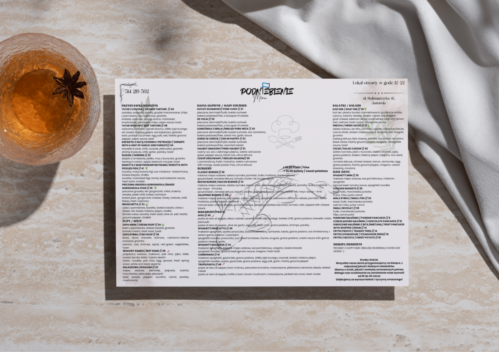 Projekt karty menu dla restauracji Podniebienie z czytelnym podziałem dań i minimalistyczną oprawą graficzną.