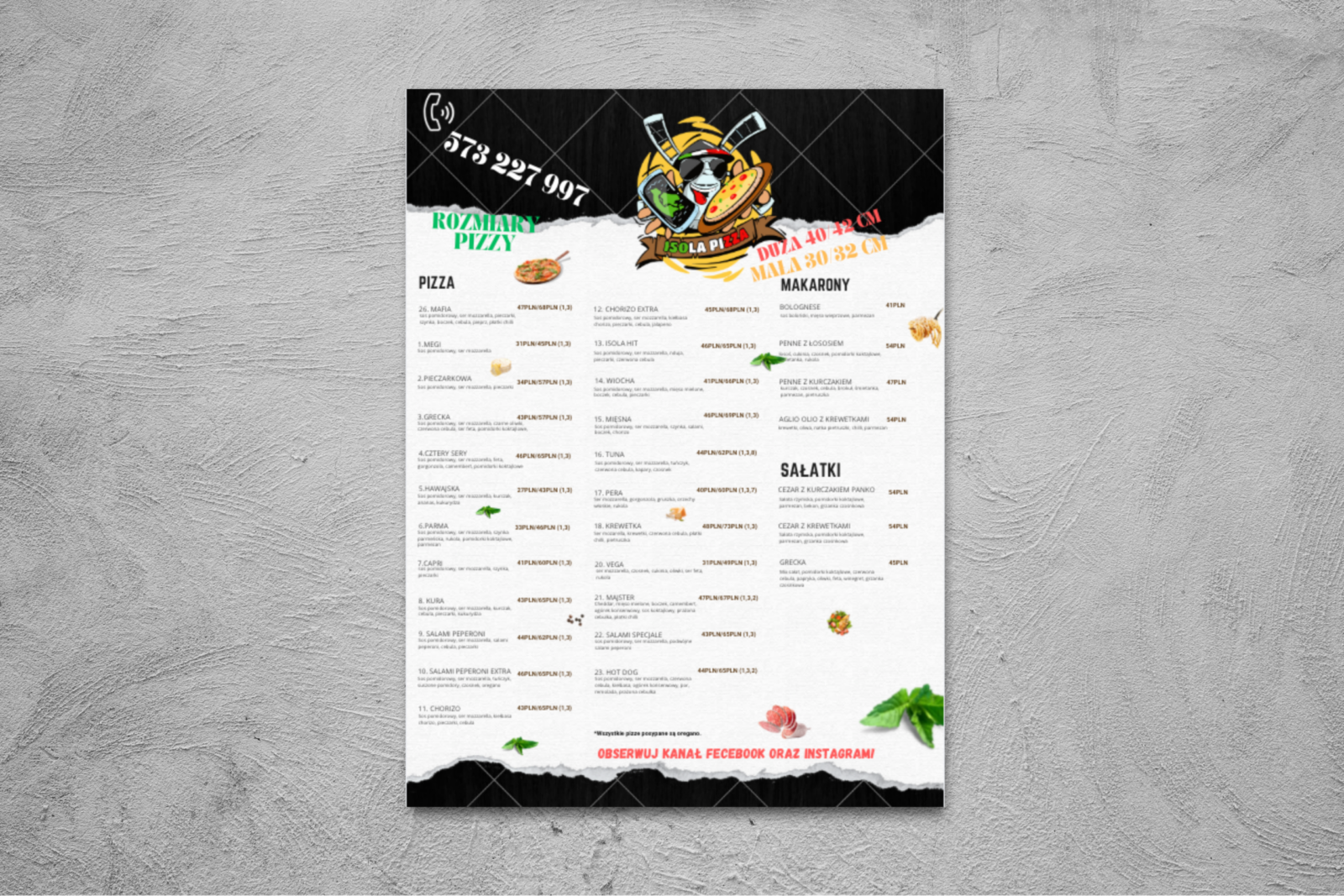 Projekt karty menu dla restauracji Isola Pizza z czytelnym podziałem oferty i kulinarnymi ilustracjami.