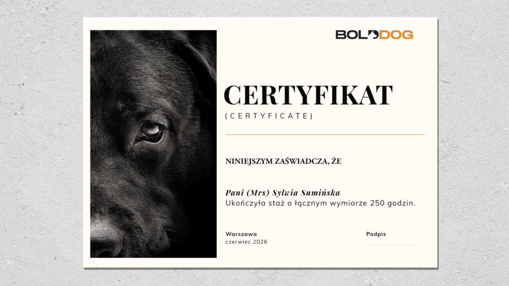 Projekt certyfikatu Bold Dog potwierdzającego ukończenie 250-godzinnego stażu, z czarno-białym zdjęciem psa i pomarańczowym detalem.