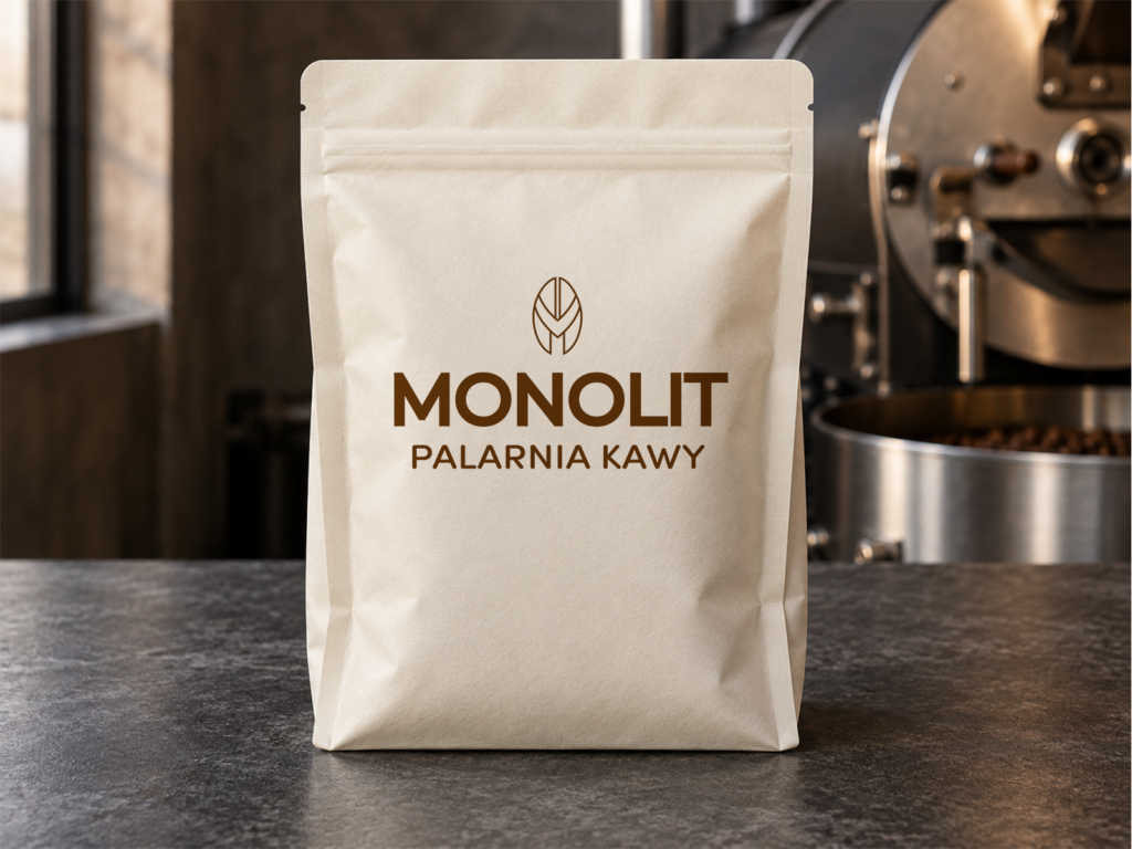 MONOLIT – wizualizacja logo palarni kawy Brązowe logo „MONOLIT — Palarnia Kawy” na jasnym opakowaniu stojącym na kamiennym blacie, z piecem do palenia kawy w tle.