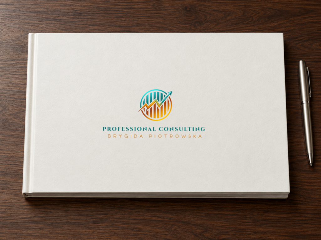 Professional Consulting Brygida Piotrowska – wizualizacja logo Turkusowo-pomarańczowe logo „Professional Consulting Brygida Piotrowska” na jasnej okładce raportu, na drewnianym biurku obok metalowego długopisu.