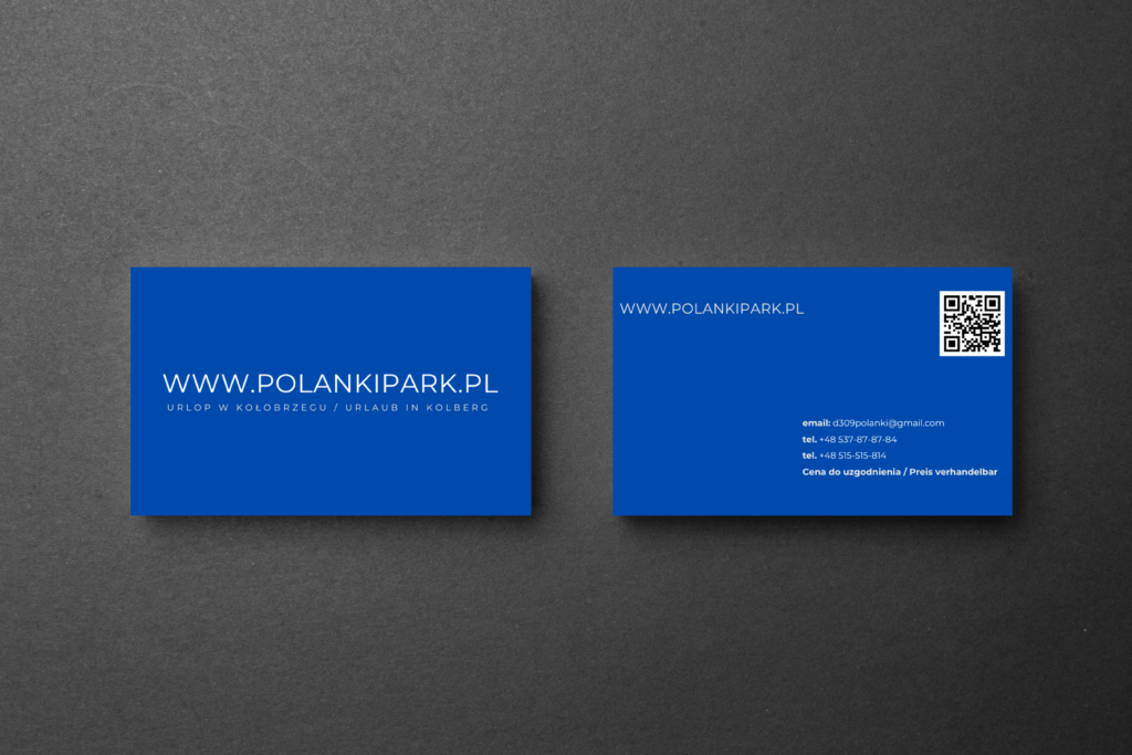 Projekt przodu i tyłu niebieskiej wizytówki Polanki Park z adresem strony internetowej, danymi kontaktowymi i kodem QR.