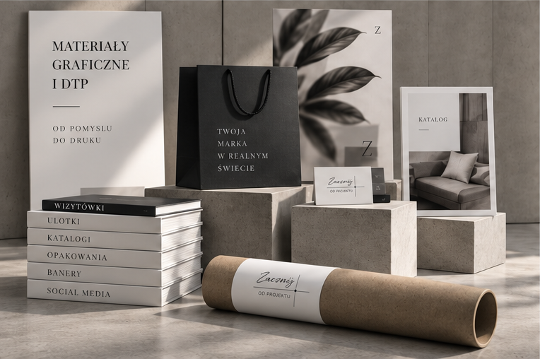 Projektowanie materiałów graficznych i DTP Katalogi, plakaty, wizytówki, torba i tuba z nadrukiem wyeksponowane na kamiennych postumentach.