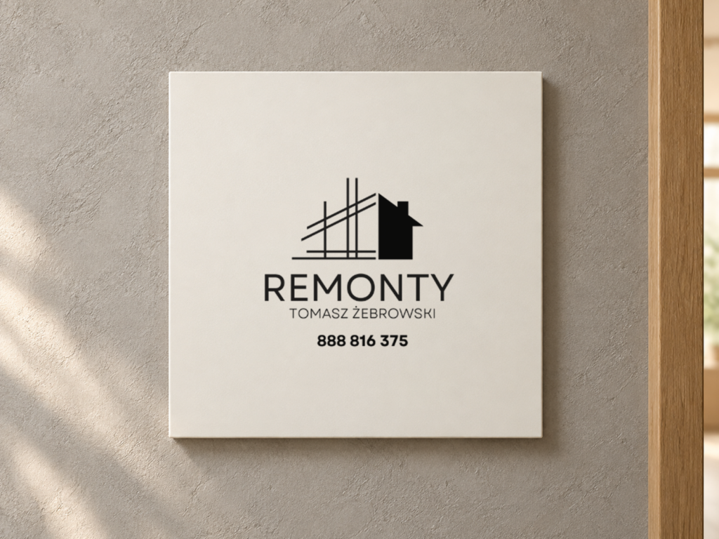Remonty Tomasz Żebrowski – wizualizacja logo na tabliczce Czarne logo „Remonty Tomasz Żebrowski” z motywem domu i rusztowania na jasnej tabliczce zamontowanej na fakturowanej ścianie.
