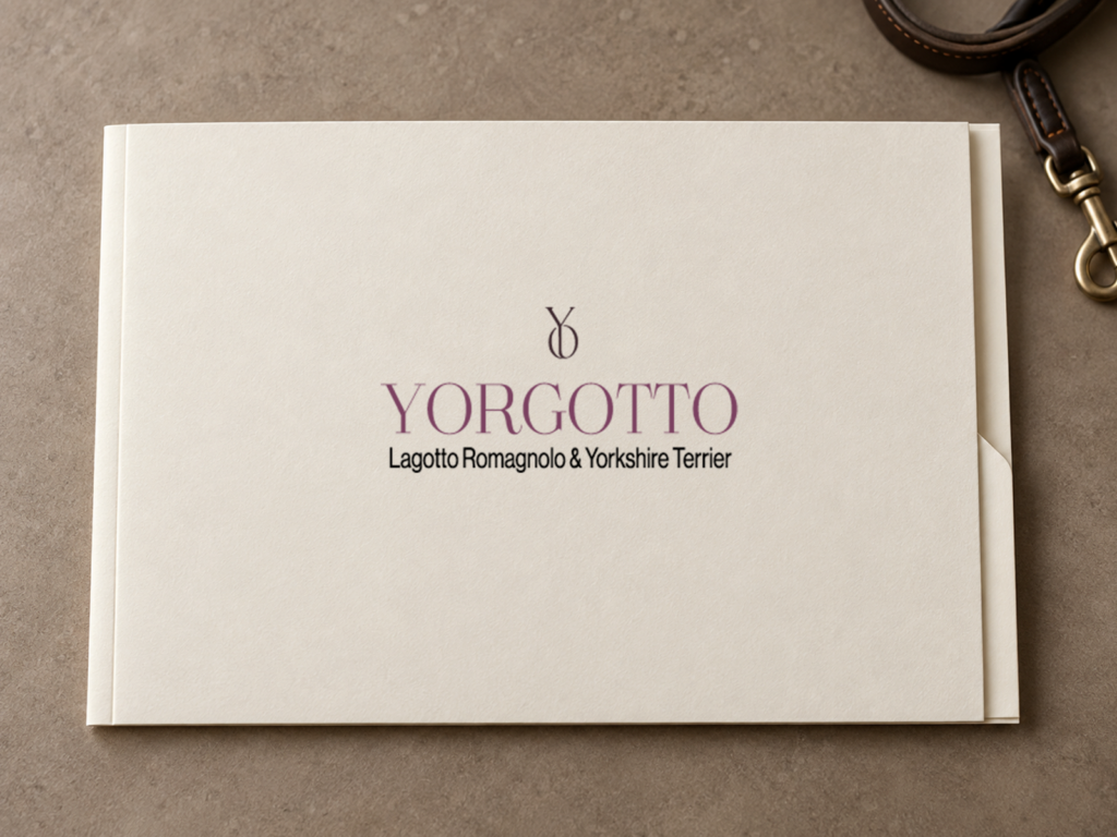 YORGOTTO – wizualizacja logo Logo YORGOTTO z monogramem i podpisem „Lagotto Romagnolo & Yorkshire Terrier” na jasnej teczce obok skórzanej smyczy.